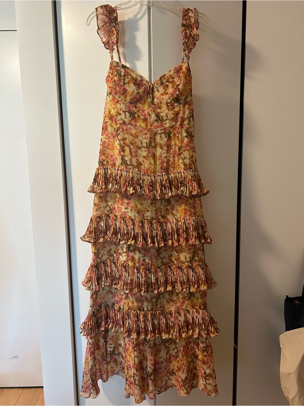 Astr Tiered Ruffle Floral Maxi Dress in Yellow and Pink